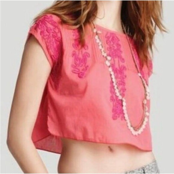 Free People Embroidered Quills 100% Cotton Sheer Boxy Cut Bohemian Cropped Top M - Picture 1 of 8